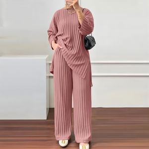 Ensemble HANO pour femmes musulmanes, haut à manches longues et pantalon large, couleur unie, style décontracté arabe turc, ensemble simple 2 pièces - Product Image 1
