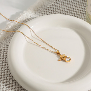 Yueli <b>Angel</b> Pendant Necklace 18k Gold Plated Stainless Steel Zircon Inlaid Wings Design <b>Gift</b> Jewelry - Product Image 3