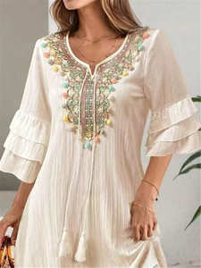 Abito ricamato con scollo a V da <span class=keywords><strong>donna</strong></span> con frange colorate, abito da vacanza in spiaggia impreziosito da frange - Product Image 4