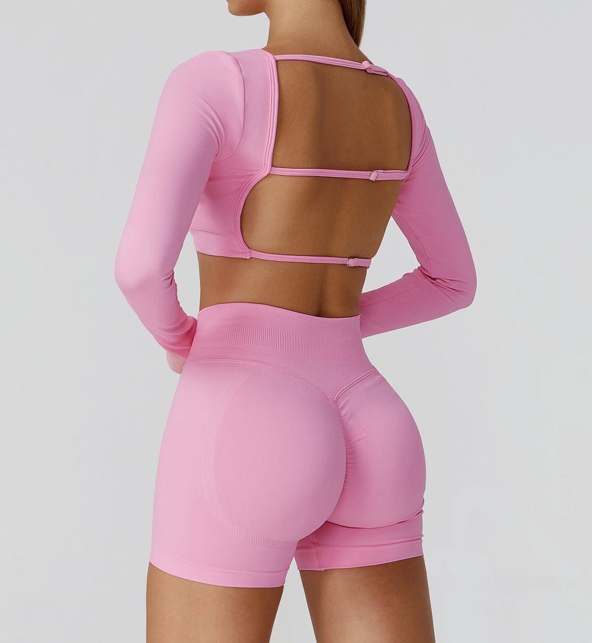 Women Sexy Backless Pilates Yoga Suit Long Sleeves Square Neck Shockproof Padded Crop Top & Scrunch Butt Shorts Gym Fitness Set