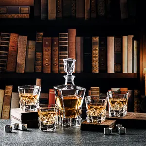 En stock, ensemble de 5 carafes et verres à whisky en verre cristal populaires et uniques avec échantillon gratuit