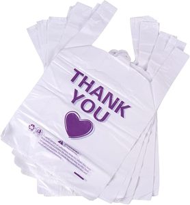 Bolsas de comestibles de plástico reciclables con mango resistente blanco con diseño de camiseta personalizable 'Gracias' para uso en supermercados - Product Image 1