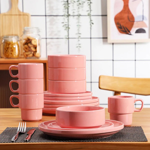 Service de table en céramique et porcelaine de luxe moderne, 16 pièces, vaisselle rose, écologique, personnalisable, hôtels, restaurants, maison - Product Image 6