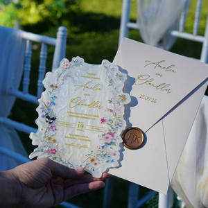 Carte d'invitation de <span class=keywords><strong>mariage</strong></span> personnalisée de luxe élégante en acrylique texture coquille blanche avec enveloppe et sceau de cire pour annonce et événements professionnels - Product Image 1