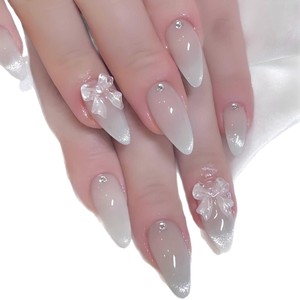 Vente en gros, 24 pièces, <span class=keywords><strong>manucure</strong></span> française à couverture complète avec diamants en pointillés et nœud 3D sur les ongles courts en amande, longue durée - Product Image 6