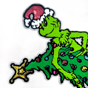 Patch Bordir Chenille Natal Besar Ramah Lingkungan, Motif Monster Hijau, Payet Berkilau, Aplikasi Topi Santa dan Pohon Natal - Product Image 2