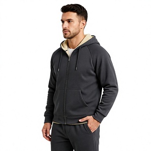Men's Heavyweight <b>Zip</b> <b>up</b> <b>Hoodie</b> Solid <b>Grey</b> Sherpa Lined Winter Tracksuit Top Front Logo Casual - Product Image 2