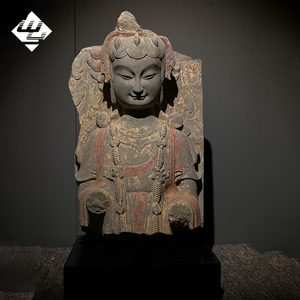 Ornamento de Buda de Medio Cuerpo Tallado a Mano en Piedra Natural con Textura Envejecida y Color Dorado Moteado para Clubes de Alta Gama - Product Image 4