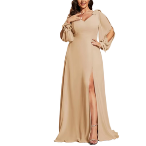 POVTY Vestido Maxi de Talla Grande para Mujer, Estampado Personalizado al por Mayor, Elegante y Sexy con Cuello en V, Cintura Imperio, Manga Larga, Corte A, para Invitadas de Boda - Product Image 1