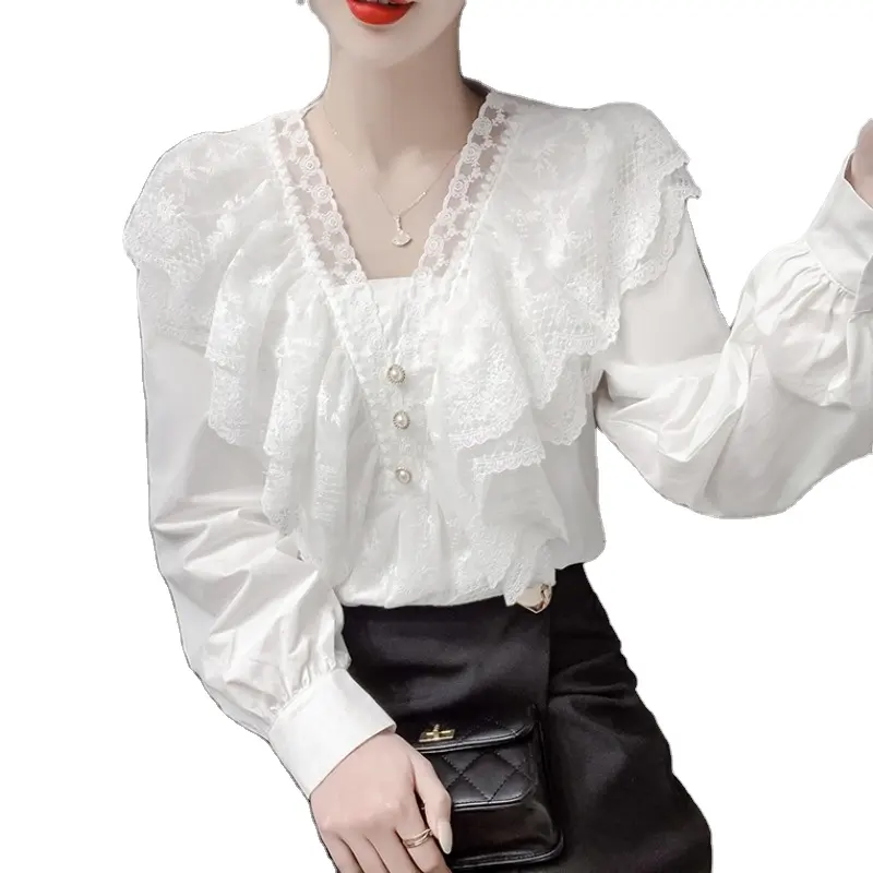 New Spring Autumn Ruffled Lace V-neck White Shirt Elegant Women's Blouses Long Sleeve Ladies' Top Fashion