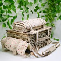 Panier de pique-nique en osier couleur miel, support de rangement en cuir, panier rond en rotin pour voyage, paniers d'été rose clair, ensemble pour 4 personnes, glacière