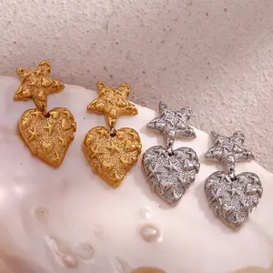 Fanhua Earring Making Supplies Heart Drop stainless steel Waterproof Thump print drop heart shaped earrings for Women Girls