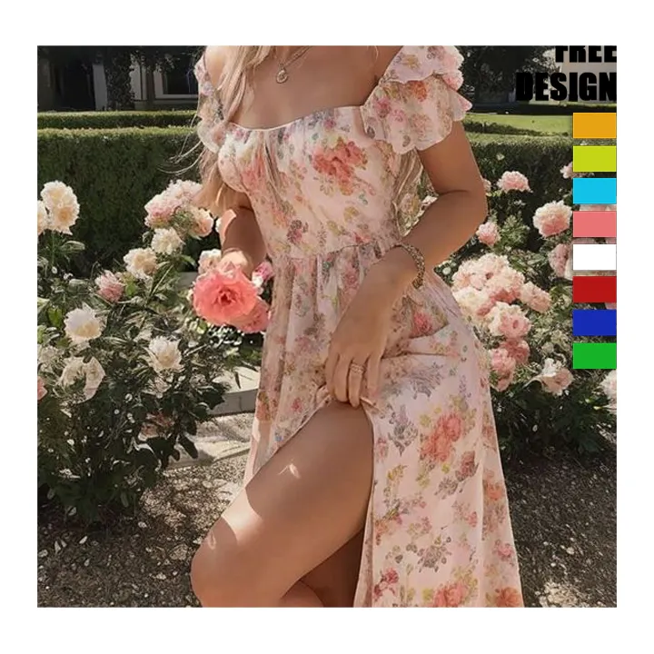 HLN gaun Maxi kasual wanita, pakaian katun lengan Puff panjang motif bunga A-Line musim panas