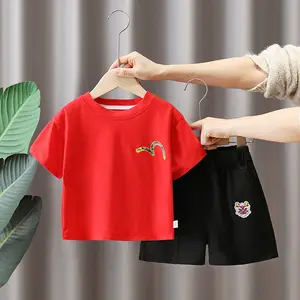 New Style Summer Boys Chinese Style Simple Cartoon Dragon Short Sleeve Top And Shorts Suit
