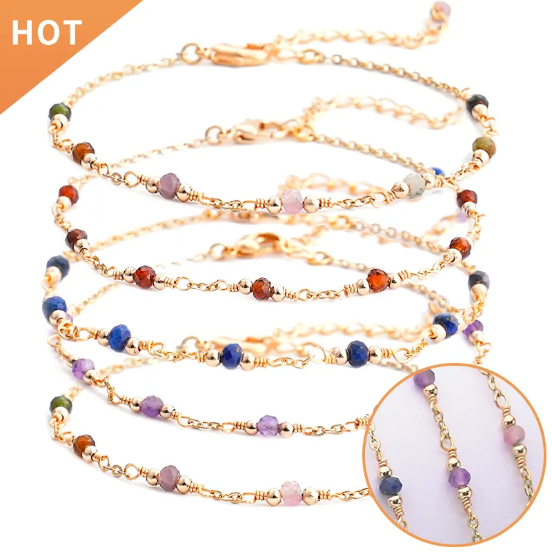 Permanent Jewelry Gold Plated Charm Rainbow Moonstone Gemstone Beads Natural Stone Satellite Chain Bracelets