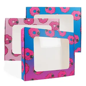Boîte en carton ondulé rose personnalisée avec logo, imprimée quadricolore, réutilisable, auto-érectible, pliable, avec fenêtre carrée, pour donuts, vente en gros - Product Image 5