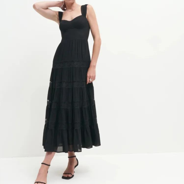 Women Dress 2023 Black Dress Summer Sleeveless Square Neck Fashion Sexy Lace Trim Tiered Maxi Dress
