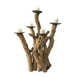 Candélabre artisanal en bois flotté naturel, 5 lumières, support de bougie rustique en bois, fabriqué au Vietnam - Product Image 1