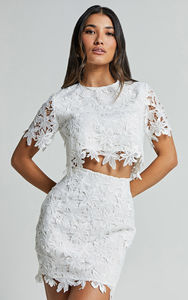 Personalizado O Pescoço Mangas Curtas Colheita Tops Chemical Lace Mini Saia Curta Fábrica de Roupas Co Ord Combinando Conjunto de 2 peças das Mulheres - Product Image 2