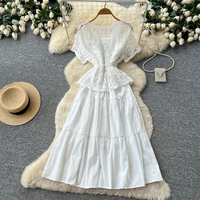 Ensemble haut à manches courtes en dentelle crochetée et jupe midi à volants taille haute pour femme – Tenue décontractée pour le quotidien et les vacances