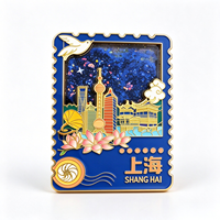 Aimant de réfrigérateur personnalisé en émail dur, avec paillettes, en forme de timbre, motif skyline urbain, pour souvenir touristique