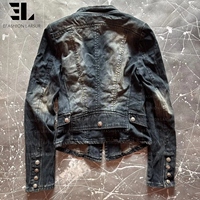Veste Bomber en Jean Délavé Style Napoléon LARSUR, Coupe Slim, Col Montant, pour Moto, Veste Hussar en Jean Court