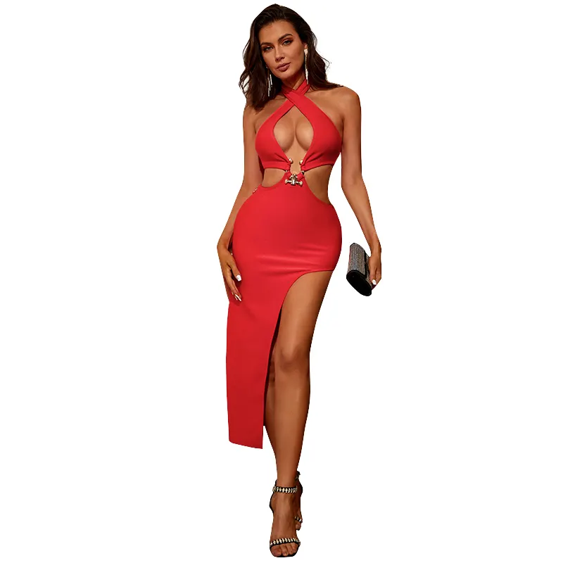 shop small businesses Sexy hollow out women halter Split slim dress bodycon bandage club party dresses