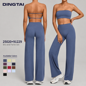 Ensemble 2 pièces pour femme : Soutien-gorge de sport bandeau sans bretelles à découpes et pantalon large, avec coussinets amovibles, anti-humidité, effet push-up, idéal pour la randonnée - Product Image 1
