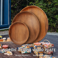 Vente en gros de vaisselle nordique à la mode, écologique, en bois d'acacia massif, motif végétal, en stock, ensembles de vaisselle ronds, assiette de service