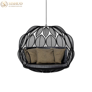 Sofá Columpio de Mimbre para Todo Clima, Sofá Colgante de Aluminio con Cuerda, Cama Columpio Redonda - Product Image 3