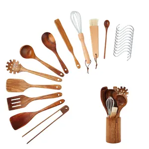 סט כלי מטבח מעץ טיק סיטונאי מותאם אישית עמיד 13 חלקים כלי מטבח מעץ כפית מרית סט כלי בישול