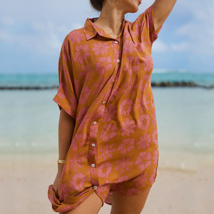 OEM <b>Custom</b> Hawaiian Print Button-Up Square Neck Casual Shirt <b>Dress</b> High-Quality Soft Rayon Shirt <b>Dress</b> - Product Image 3