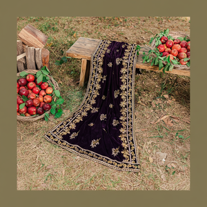 Chal Étnico de Terciopelo Real Recién Lanzado, Poliéster Sólido con Bordes Bordados y Lentejuelas, Transpirable, para Invierno, para Mujer - Product Image 1