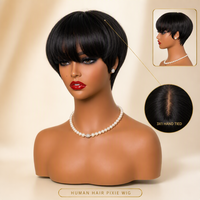 Perruque courte en cheveux humains, coupe pixie avec frange, raie 3x1 nouée à la main, noir naturel, pour femmes, vente en gros