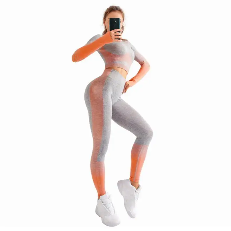 Wholesale Seamless Belly Tummy Control Sports Clothing Long Sleeve Crop Top Gym Leggings Yoga Pants Womens Fitness Sets