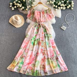 Abito Elegante Francese con Volant e Spalle Scoperte, Vestito Stampato con Vita Annodata e Orlo Ampio per <span class=keywords><strong>Donna</strong></span>, Primavera/Estate - Product Image 5