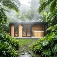 Sauna combiné moderne en bois assemblé avec bois de pruche et cèdre rouge, vapeur sèche, capacité 2 personnes, pour jardin et cour.