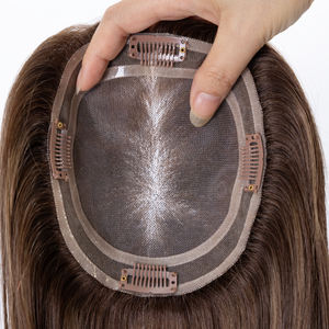 Topper de <span class=keywords><strong>cheveux</strong></span> humains Remy pour femmes, base en soie, à clipser, postiche supérieur, <span class=keywords><strong>cheveux</strong></span> raides bruns - Product Image 2