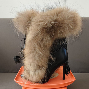 Bottines courtes à talons aiguilles pour femmes, grande taille 47, à lacets sur le devant, avec fourrure moelleuse, coupe large - Product Image 5
