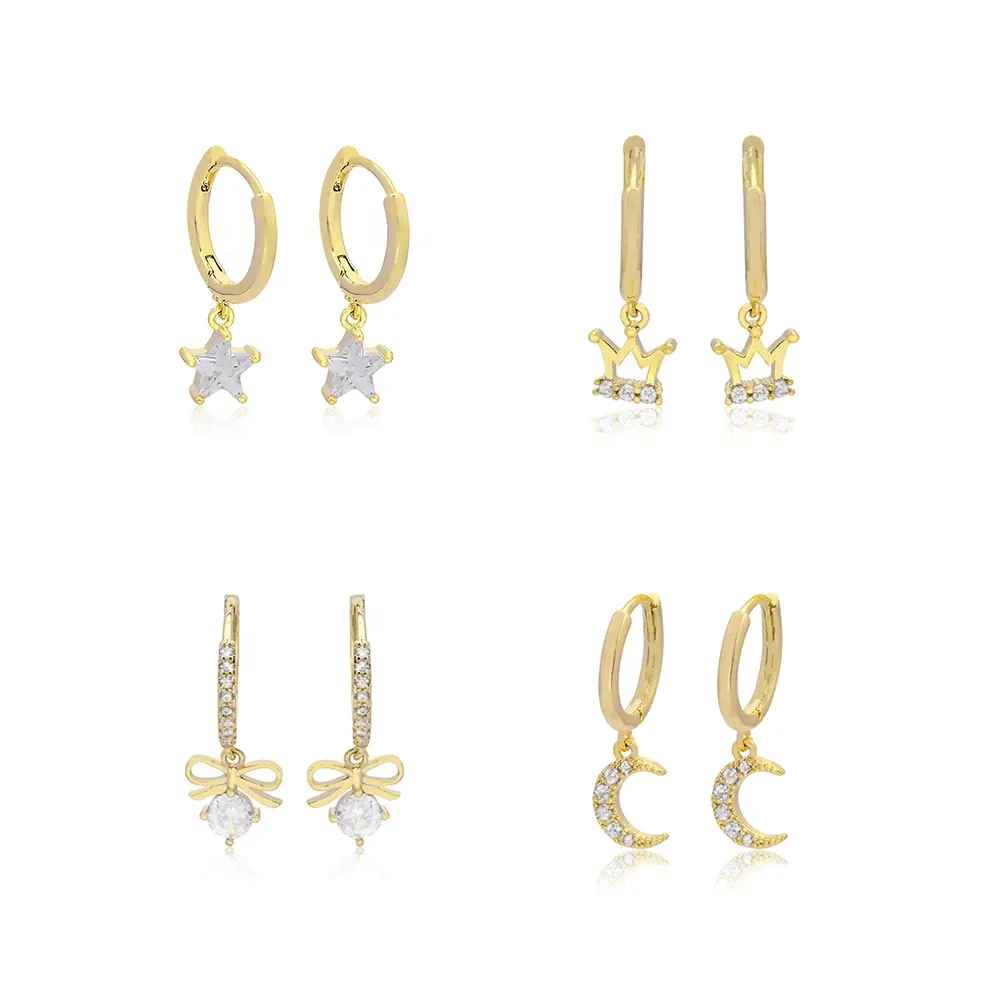 JXX hot sale crown/ moon/ star/ bow shape 24k gold plated women drop huggie earrings brass jewelry with zircon