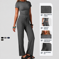 Ensemble de yoga pour femmes, ensemble 2 pièces, logo personnalisé, haut court à manches courtes, pantalon large à cordon de serrage, ensemble de vêtements de sport