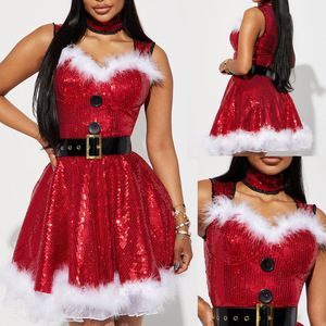 Kadınlar için klasik seksi pullu Santa elbise kırmızı noel elbise aksesuarları ile 3 adet Santa noel iç çamaşırı - Product Image 2