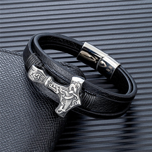 yunnique Thor's Hammer Bracelet Black Leather Magnetic Clasp Viking Style Jewelry Gift - Product Image 2