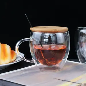 Rõ Ràng Borosilicate Glass Coffee Mug 12Oz Cốc Cà Phê Glass Mug Với Xử Lý Đôi Tường Cốc Cà Phê Với Nắp Tre