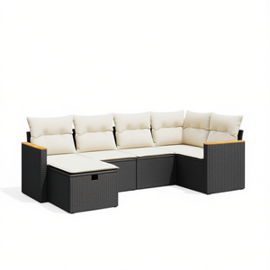 Ensemble de salon de jardin en rotin blanc crème et noir avec coussins, 6 places, mobilier d'extérieur, design contemporain - Product Image 1