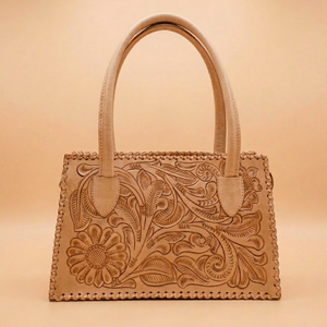 Sac fourre-tout décontracté en cuir véritable gaufré, brodé à la main, motif floral bohème, avec fermeture éclair, imperméable, écologique, portable, à porter à l'épaule - Product Image 1
