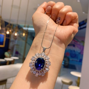 Vintage Eco-friendly Gold Plated Copper 12*16mm Blue Zircon Pendant Necklace/Earrings Ring Set Heavy Wedding Jewelry Women Party - Product Image 3