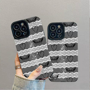 Étui de téléphone portable en cuir artificiel TPU avec impression de cœur d'amour et de papillon en dentelle pour <span class=keywords><strong>iPhone</strong></span> X Xr 11 <span class=keywords><strong>12</strong></span> 13 14 15 16 17 18 Pro Max - Product Image 2