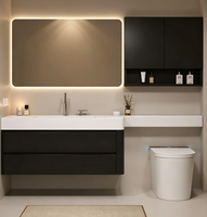 Meuble-lavabo mural moderne en bois massif noir résistant à l'eau avec vasque intégrée et miroir LED intelligent
