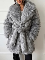 Manteau gris pour femme en fausse fourrure de renard avec ceinture, collection Hiver 2026, chaud, épais, mi-long, coupe oversize, col à revers, veste moelleuse, vêtement d'extérieur de luxe pour femme